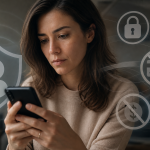 Pessoa consulta um celular enquanto elementos visuais representam o bloqueio de plataformas de apostas e a proteção financeira.