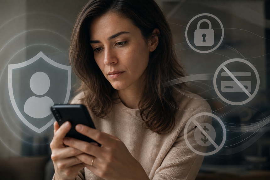 Pessoa consulta um celular enquanto elementos visuais representam o bloqueio de plataformas de apostas e a proteção financeira.