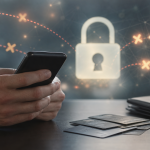 Pessoa consulta um celular enquanto elementos visuais representam o bloqueio de plataformas de apostas e a proteção financeira.