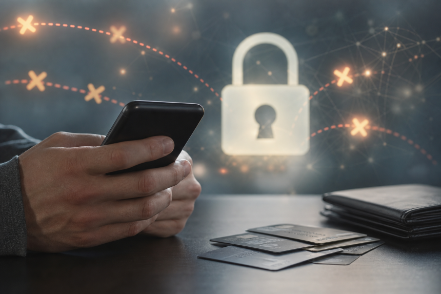 Pessoa consulta um celular enquanto elementos visuais representam o bloqueio de plataformas de apostas e a proteção financeira.